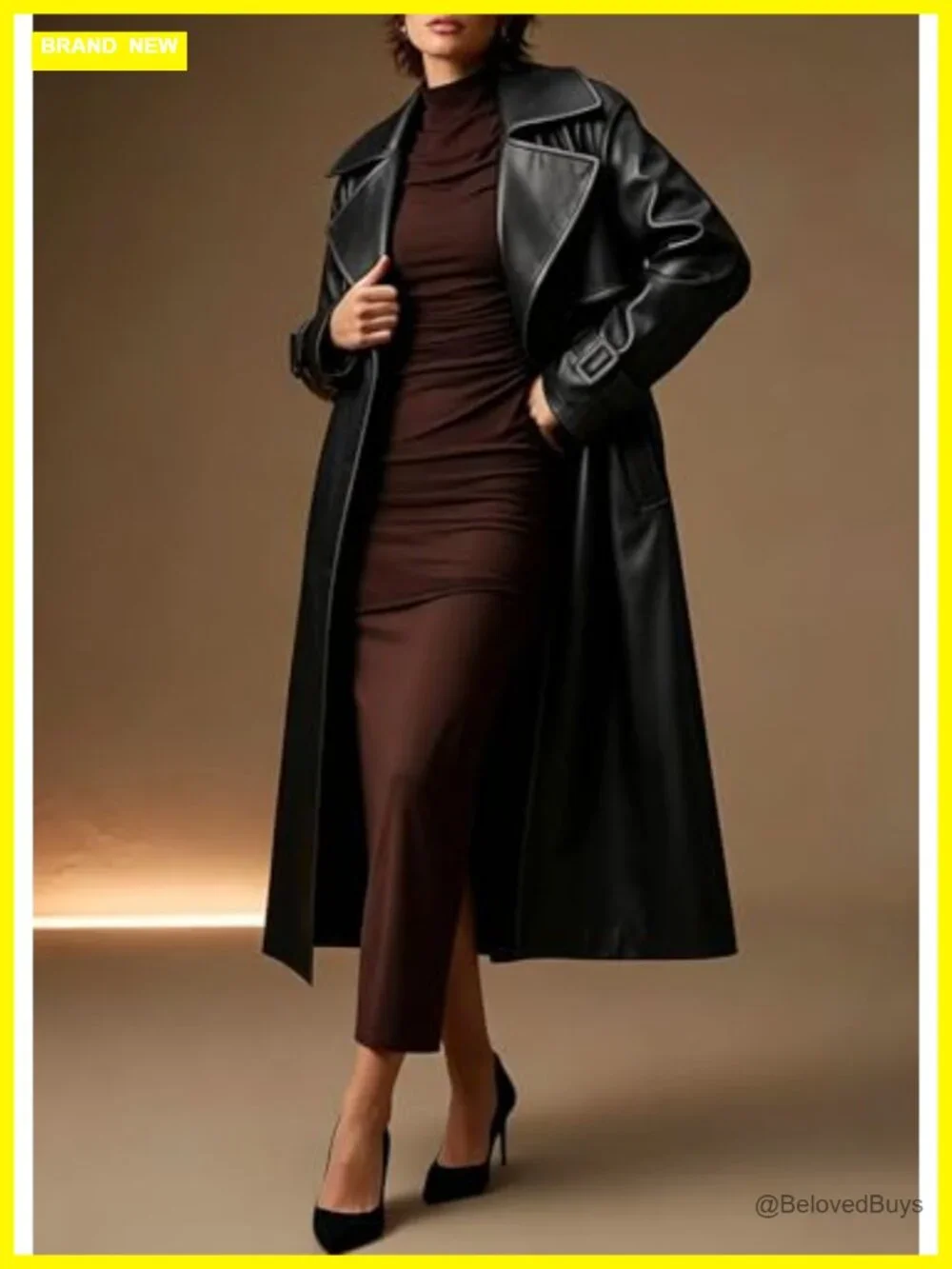 Women's Faux Leather Belted Trench Coat Long Sleeve Windproof Outerwear